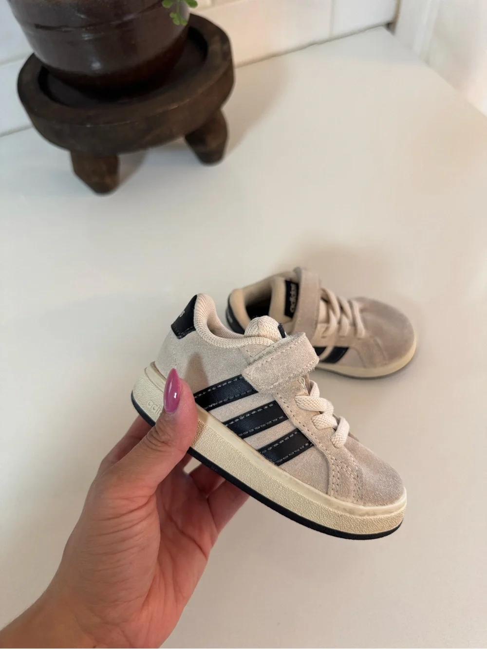 adidas Kids Beige Suede Sneakers with Black Stripes and Hook-and-Loop Strap